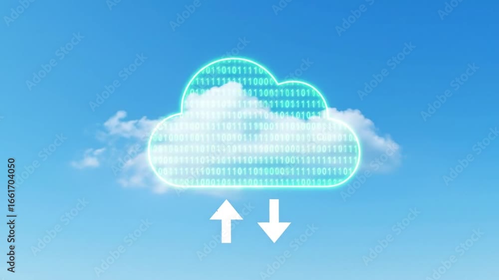 Poster cloud data transfer with binary code in blue sky background