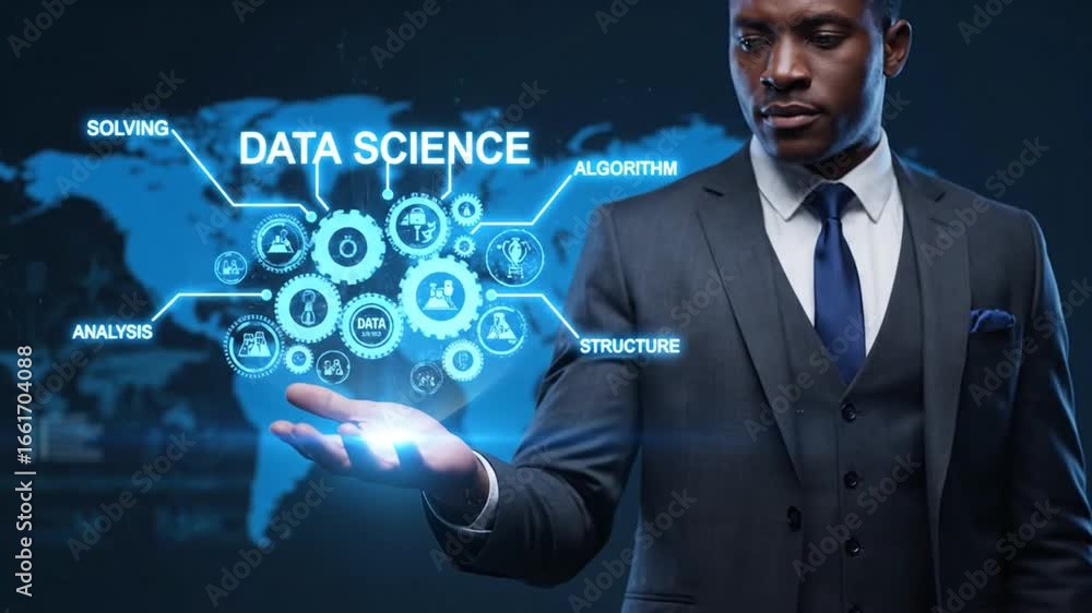 Poster data science concept with man in suit presenting digital information with data gears