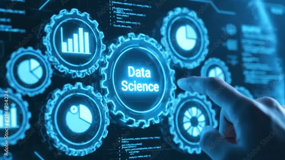 Poster data science interface with glowing gears and charts on a touch screen