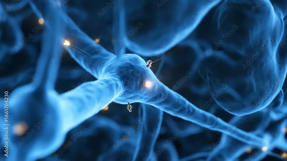 Poster detailed neuron structure blue color microscopic neural system visualization