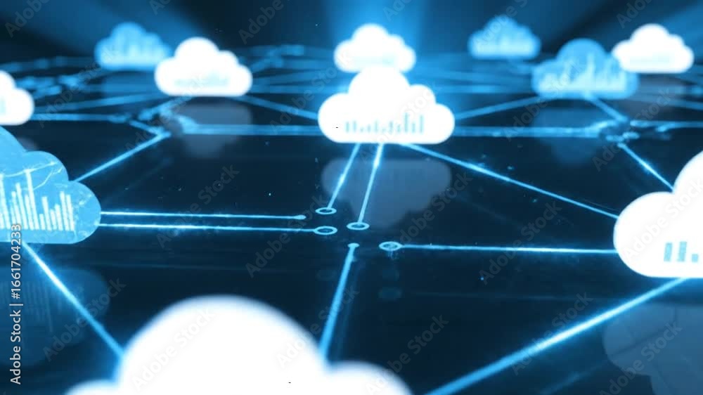 Poster digital clouds connected by glowing lines on a dark blue technical background