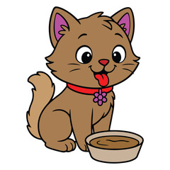 Cute cartoon kitten with food bowl, smiling and sticking out tongue