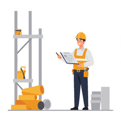 A diligent construction worker, wearing a hard hat and safety vest, meticulously inspects materials and equipment on a job site, ensuring project efficiency and safety compliance.