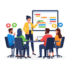 Team Meeting for Business Plan: An energetic business team gathers in a modern office for a critical strategic meeting to devise a roadmap for future ventures.