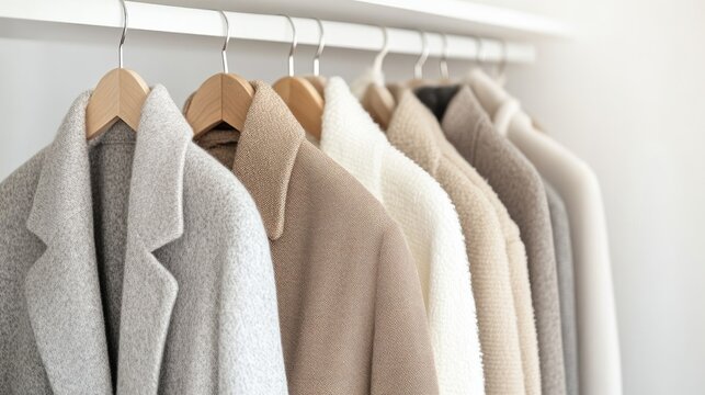 New women's coats hang on display in a boutique, showcasing soft hues perfect for the autumn and winter seasons