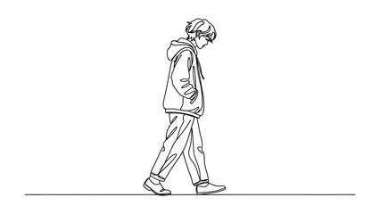 Obraz premium Solitary Stroll: A young individual, clad in casual attire, embarks on a lone walk, their head bowed in introspection, suggesting a moment of solitude and self-reflection. 
