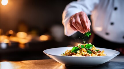 Chef garnishing a plate of pasta with fresh herbs in a cozy, softly lit kitchen setting