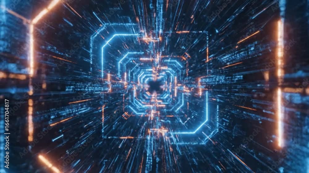 Poster futuristic tunnel with glowing blue octagon frames and orange data streams