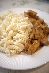 Traditional Hungarian chicken stew served with homemade pasta on white plate, close-up.