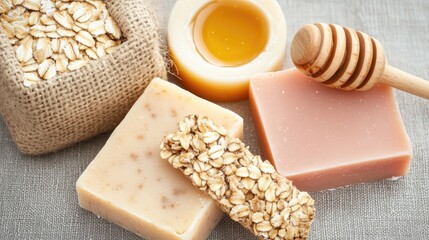 Handmade soap with oatmeal, shea butter, and honey arranged alongside craft paper, showcasing a natural beauty theme