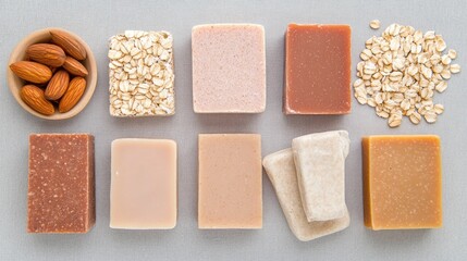 Handmade soap with oatmeal, shea butter, and honey arranged alongside craft paper, showcasing a natural beauty theme