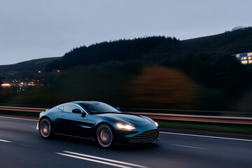 Naklejka premium Blue luxury sports car driving fast on countryside highway at dusk, elegant supercar in motion with blurred background 