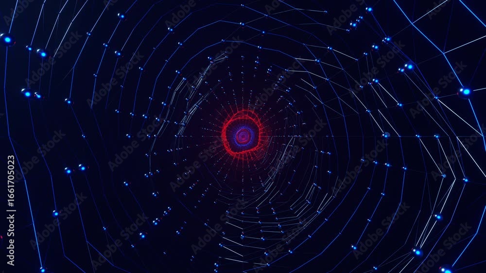 Poster abstract digital tunnel with swirling blue lines and a glowing red center, representing technology a