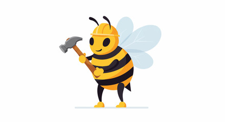 Obraz premium A cheerful cartoon bee, adorned in a protective yellow hard hat and diligently holding a sturdy hammer, embodies the spirit of hard work and construction.