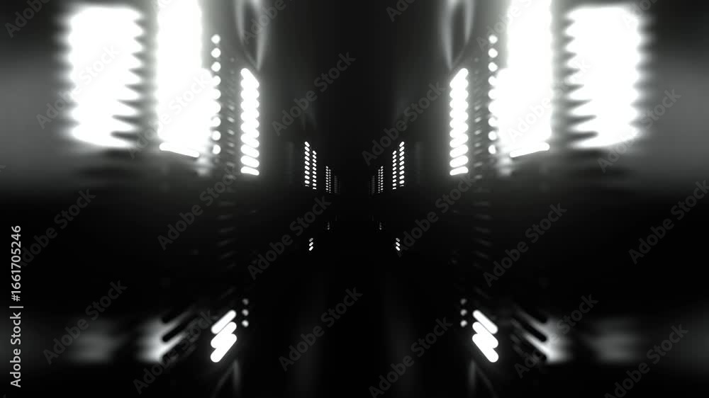 Poster futuristic dark corridor with glowing white vertical lights creating a symmetrical abstract backgrou