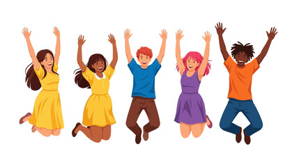 Joyful Ascent: A diverse group of individuals joyfully leaps, their arms raised in a gesture of unbridled happiness. This vibrant illustration captures a feeling of pure joy and enthusiasm.