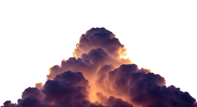 Dramatic dark storm clouds with radiant golden light breaking through, isolated on white & transparent background. Ideal for weather reports, spiritual themes, powerful backgrounds, movie posters,