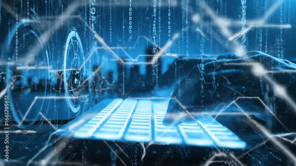 Poster hacker typing on glowing keyboard with abstract binary code in blue tone