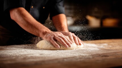 Hands kneading dough on a wooden table in a rustic kitchen with flour dust in the air