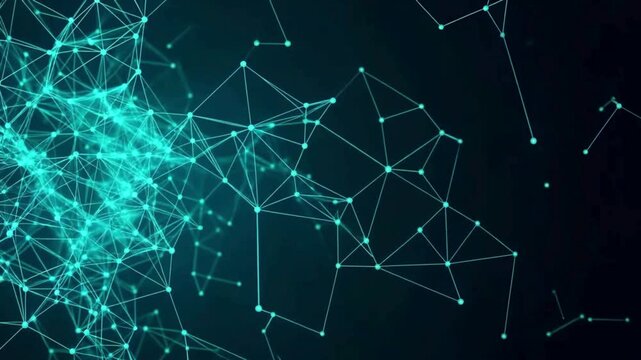 Vibrant glowing network of interconnected nodes and lines on dark blue background, abstract technology concept