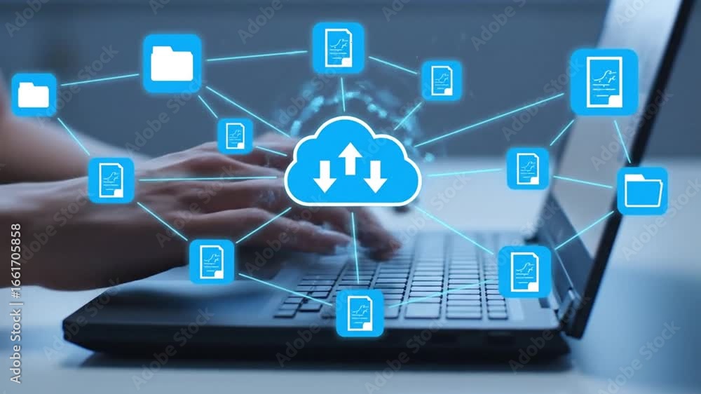 Poster hands typing on laptop with blue cloud data computing network overlay
