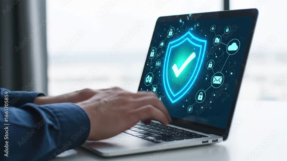 Poster hands typing on laptop displaying a glowing shield with internet security icons