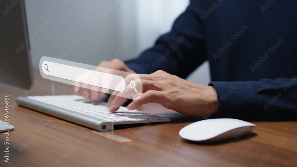 Poster hands typing on keyboard searching with digital interface on wooden desk