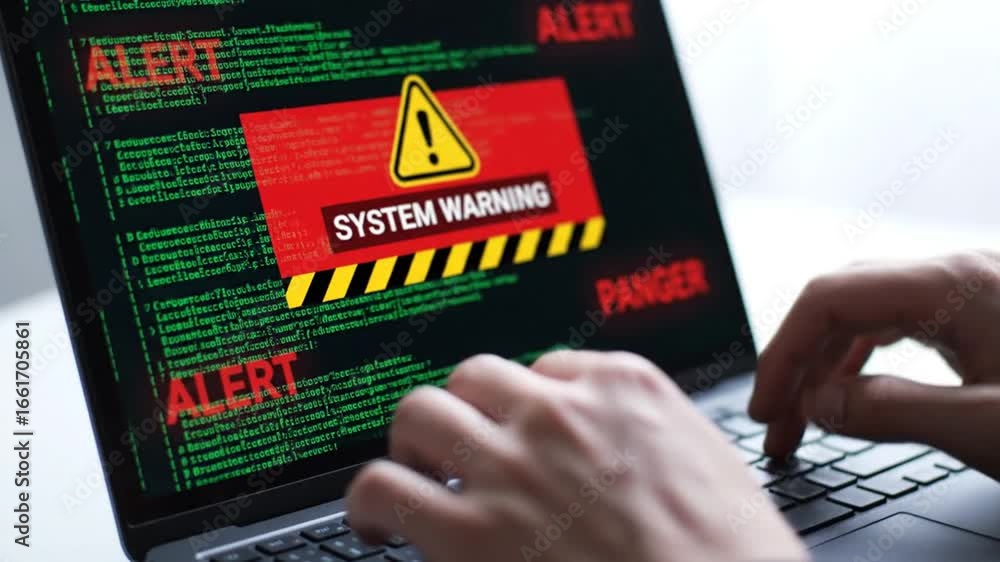 Poster hands type on laptop displaying system warning alert security concept