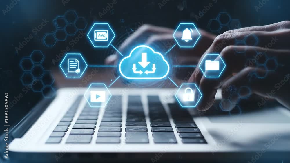 Aufkleber hands typing on laptop with digital cloud and data icons in dark ambient light