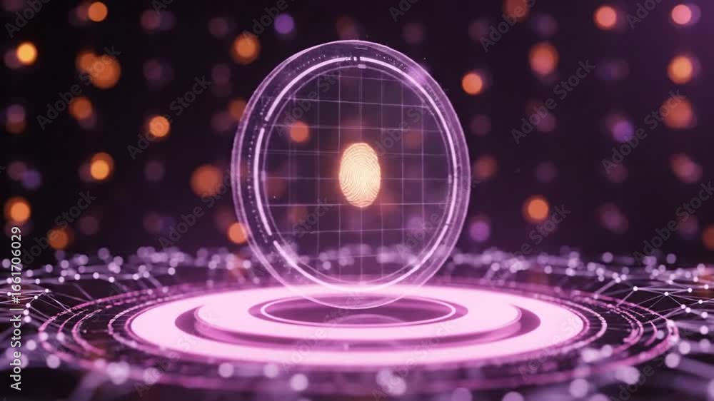 Poster holographic fingerprint scan technology on illuminated platform against bokeh backdrop