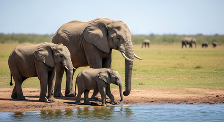 Naklejka premium A family of elephants, including a young calf, drinks water from a riverbank on a sunny day in the African savanna.