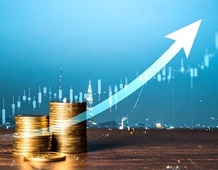 Financial success concept with stacks of coins and a rising graph, symbolizing increasing wealth and investment growth in a dynamic economy.