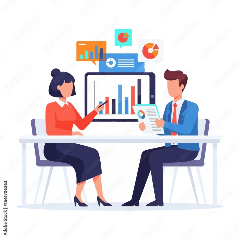 Poster data analysis discussion: a business professional guides a colleague through insightful charts and d
