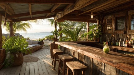 Serene Coastal Bar with Rustic Wooden Design, Ocean View, and Tropical Plants at Sunset in a Relaxing Atmosphere