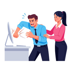 Obraz premium Frustration at Work: A digitally crafted illustration depicts a man's outburst of anger towards a computer, with a concerned colleague attempting to offer support.