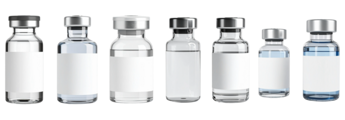Set of bottle of the covid-19 vaccine in clear glass with empty space of white label mockup isolated on transparent background for laboratory anti-virus research concept.