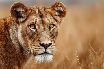 Obraz premium Radiant lioness portrait with textured fur on golden savanna setting 