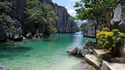 Fototapeta premium Tranquil Lagoon Surrounded by Lush Greenery and Rocky Cliffs in a Tropical Paradise Setting
