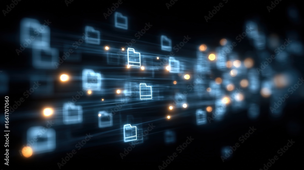 Poster abstract network grid with files and folders, futuristic software interface, digital document manage