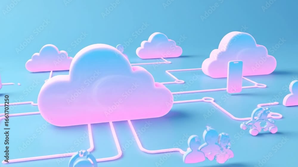 Aufkleber pastel clouds network connection on light blue background with devices nodes and wires