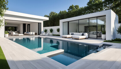 Fototapeta premium A clean aesthetic: a beautifully designed image of a modern pool area with a touch of a clean, minimalist style.