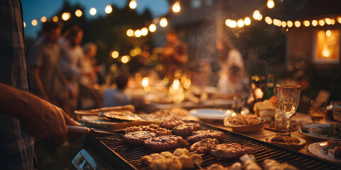 Evening outdoor barbecue party with friends, featuring grilled food and festive lights, creating a warm and enjoyable atmosphere.