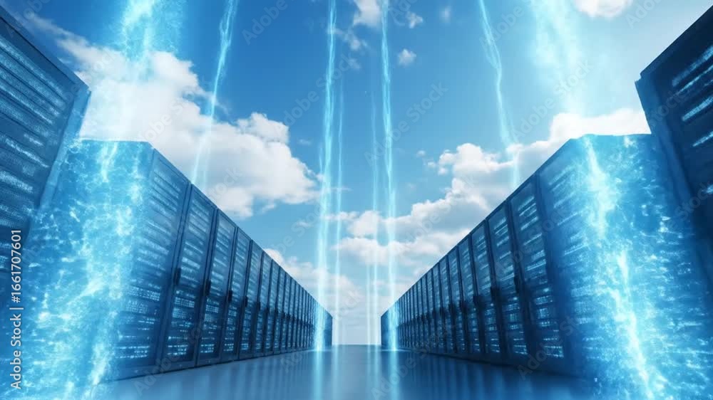 Poster server room with data streams under cloudy blue sky computing technology