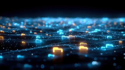 Abstract network grid with files and folders, futuristic software interface, digital document management system, store, search and organize documents, corporate business, paperless office	
