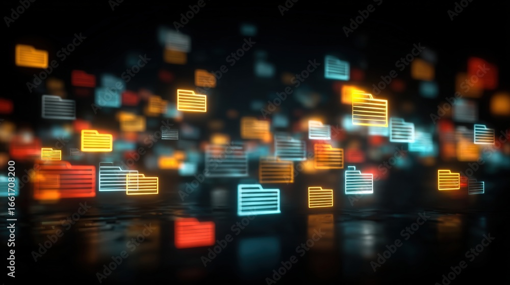 Poster abstract network grid with files and folders, futuristic software interface, digital document manage