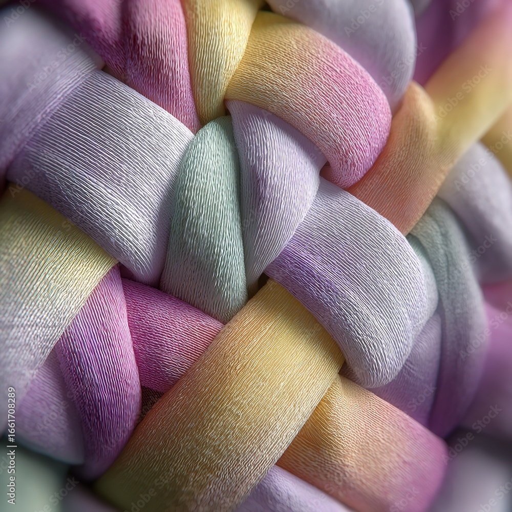 Poster soft pastel colored strands woven into a textured pattern, creating a comforting and playful abstrac