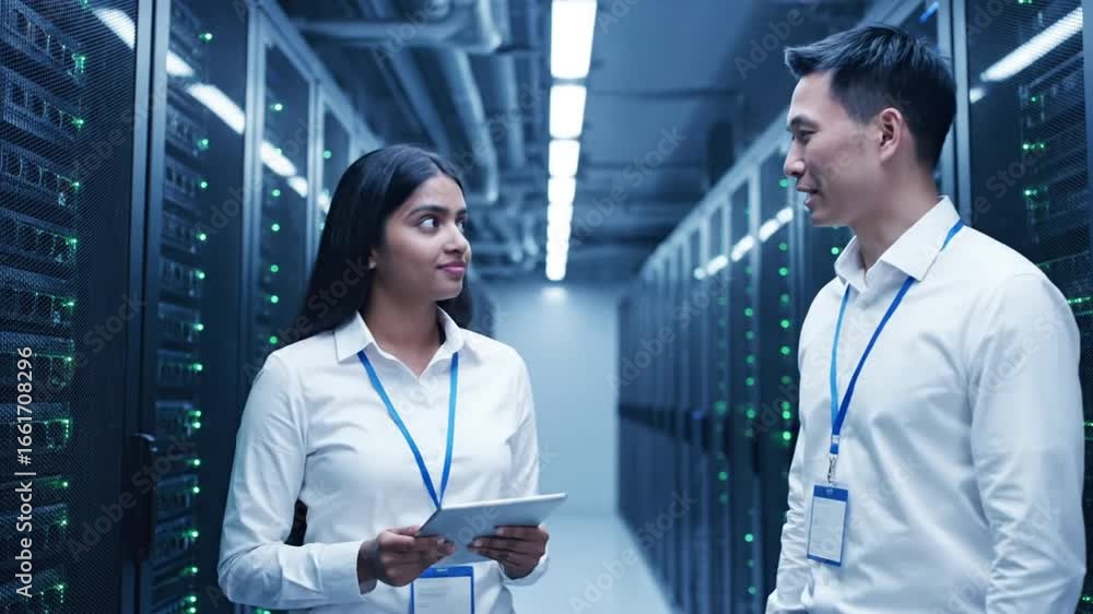 Poster two engineers inspecting server racks in data center with blue lighting