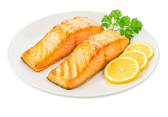 Two perfectly cooked salmon fillets with lemon slices and parsley isolated on transparent background