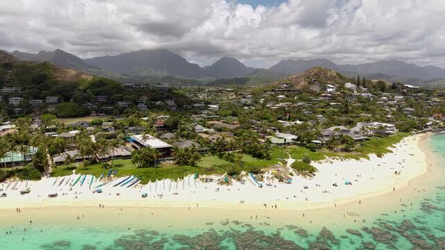 Drone Shot of Lanikai Beach, Oahu Island, Hawaii. White Sand and Homes in Kalua