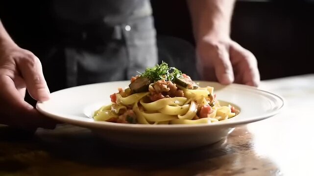 Chef presenting a beautifully plated pasta dish in a cozy restaurant setting with warm lighting